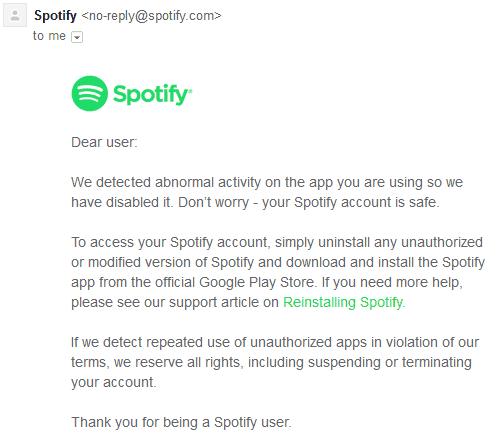 Spotify Premium modified version warning email | | Download Spotify Premium Latest APK [Mod] [Cracked] [No Root]