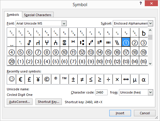 Inserting Circled Letters on Windows